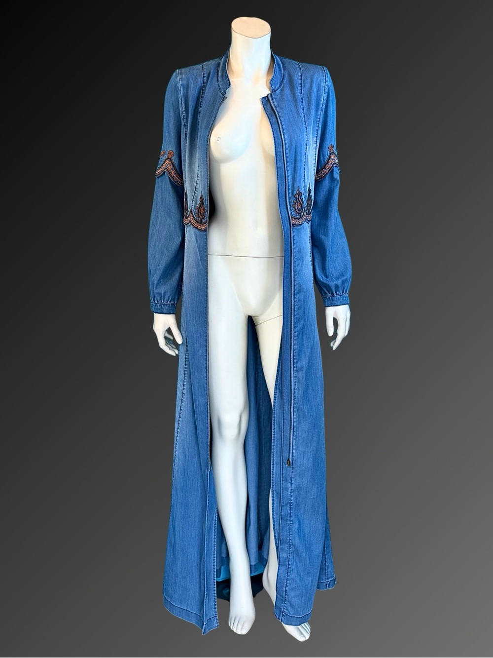 Vintage Y2K Denim Embroidered Boho Maxi Duster or Coat Dress | S M - Picture 12 of 16